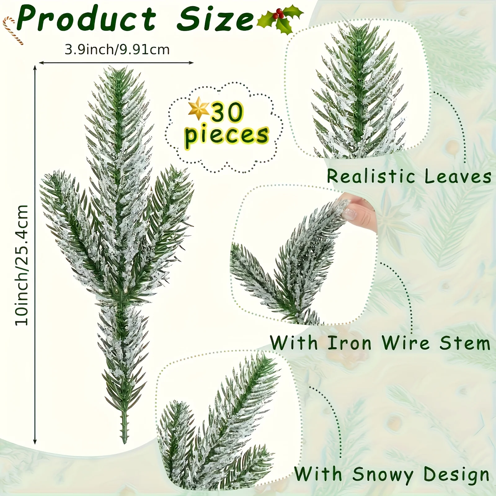 Packung mit 15–30 schneefrostbeschichteten künstlichen Tannenzweigen – 10 Zoll Weihnachtsferien, simulierte Grünpflanzen für Heimwerker zu Hause – Detail 1