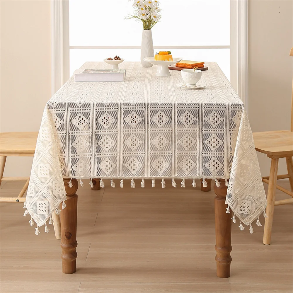 1Pcs Hollow Out Anti Slip Lace Dustproof Dining Table Cloth With Tassel Retro Rectangle Tablecloth Dining Room Table Decor