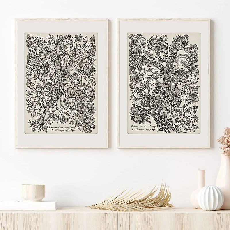 Vintage Textile Design Etching Wall Art Posters Canvas Painting Antique Sketch Art Drawing Print Picture for Living Room Decor