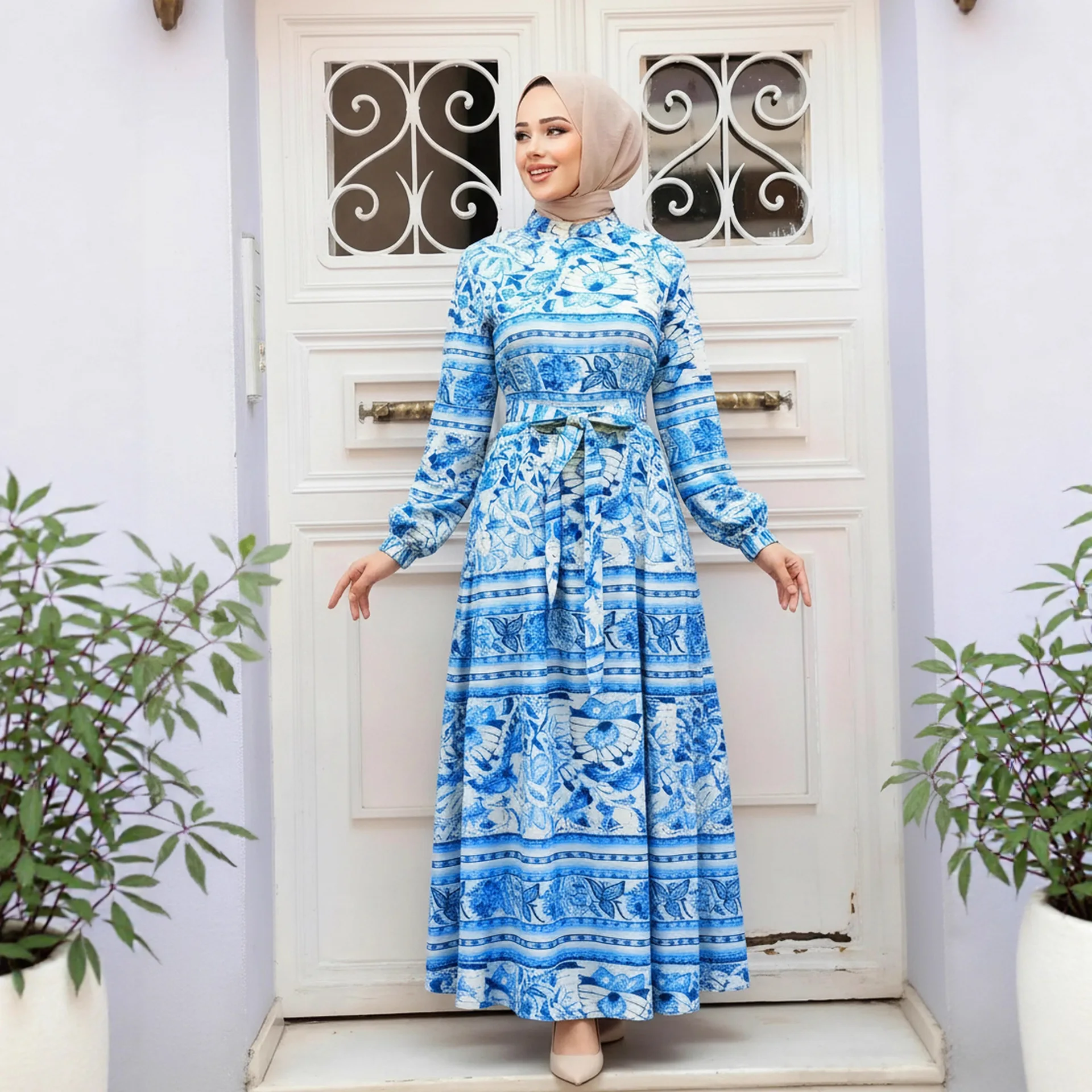 Eid Women Long Dress Muslim Abayas Print Dresses Sashes Jalabiya Ramadan Islam Morocco Dubai Party Kaftan Arab Robe Vestidos 3