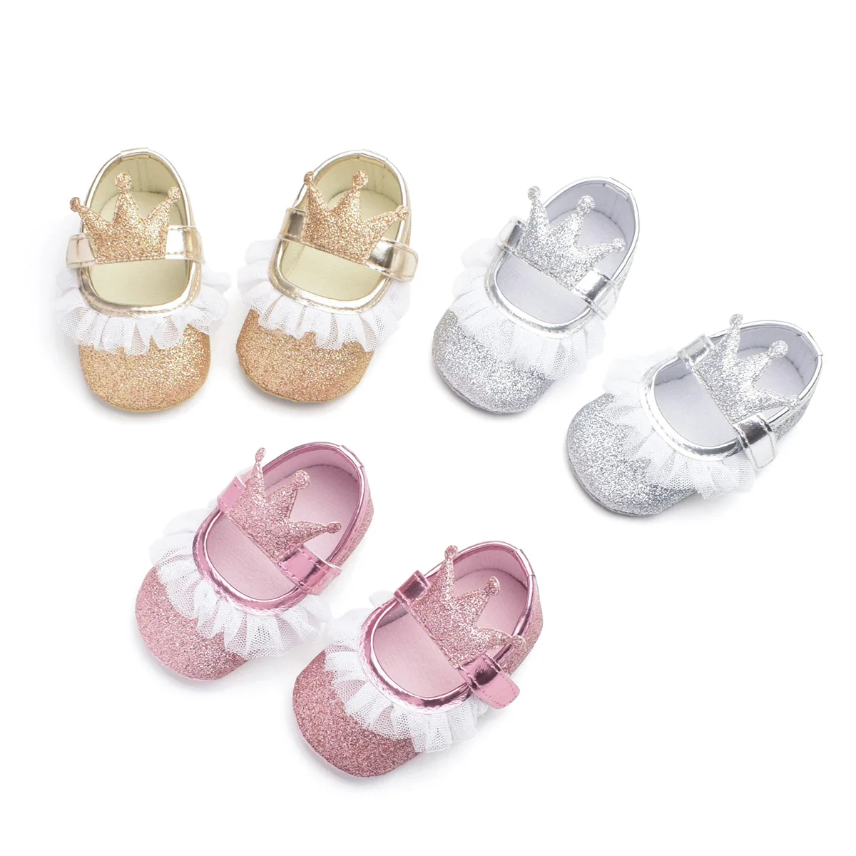 Spring and Autumn Fashion Yarn Edge Princess Shoes Crown Shaped Women's Baby Shoes 0-1 Year Old Soft soled Sneakers