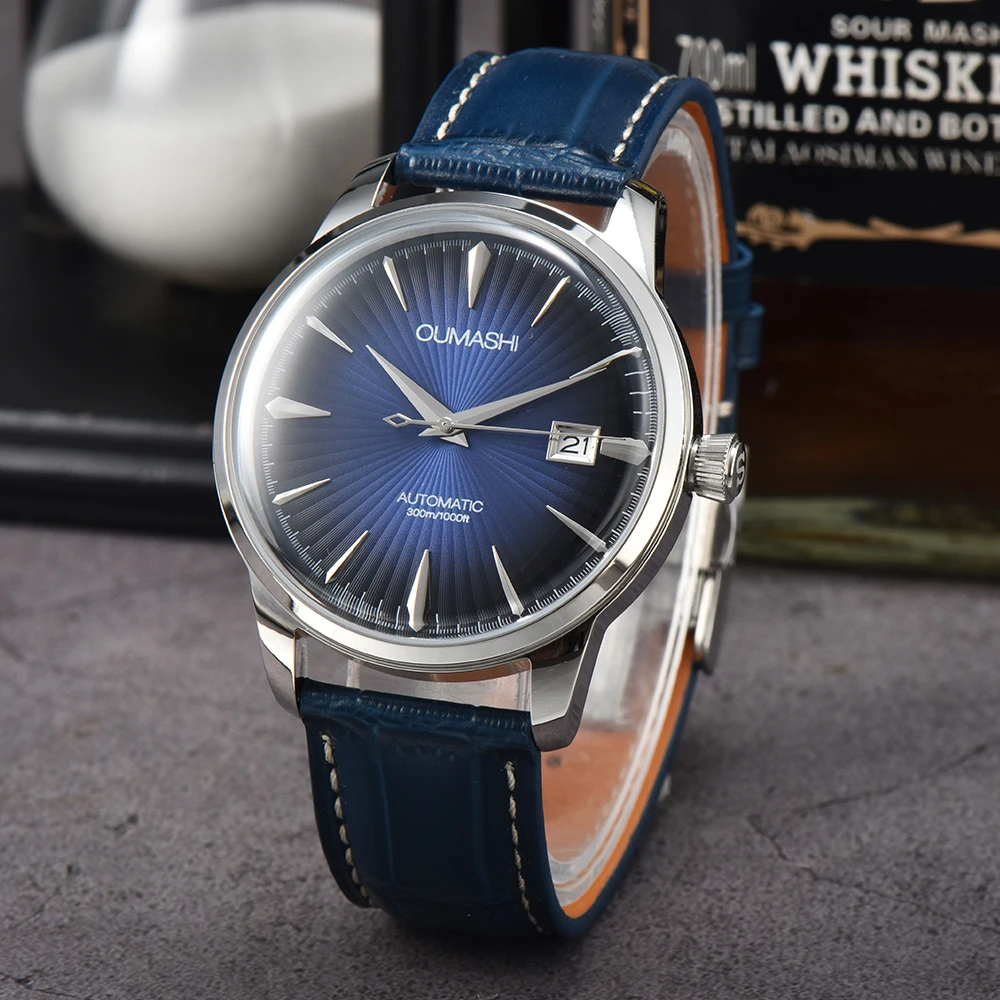 OUMASHI NH35 Cocktail Automatic Watch 10ATM Waterproof Wristbatch Double Dome Tandorio Dive Clock Date Leather Band Men‘s Watch