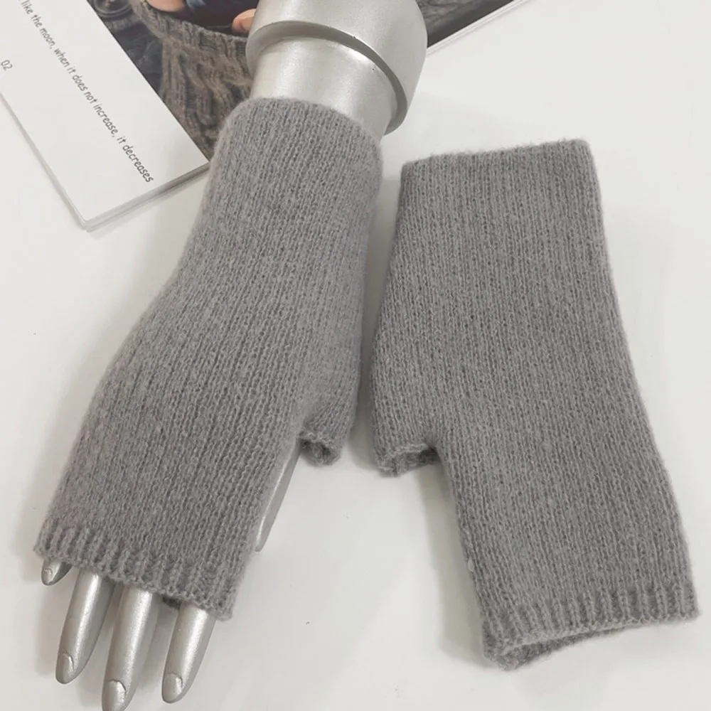 Wool Blend Half Mittens Thick Exposed Finger Knitted Gloves Hand Protector Windproof Cold Proof Cashmere Gloves for Women Girl