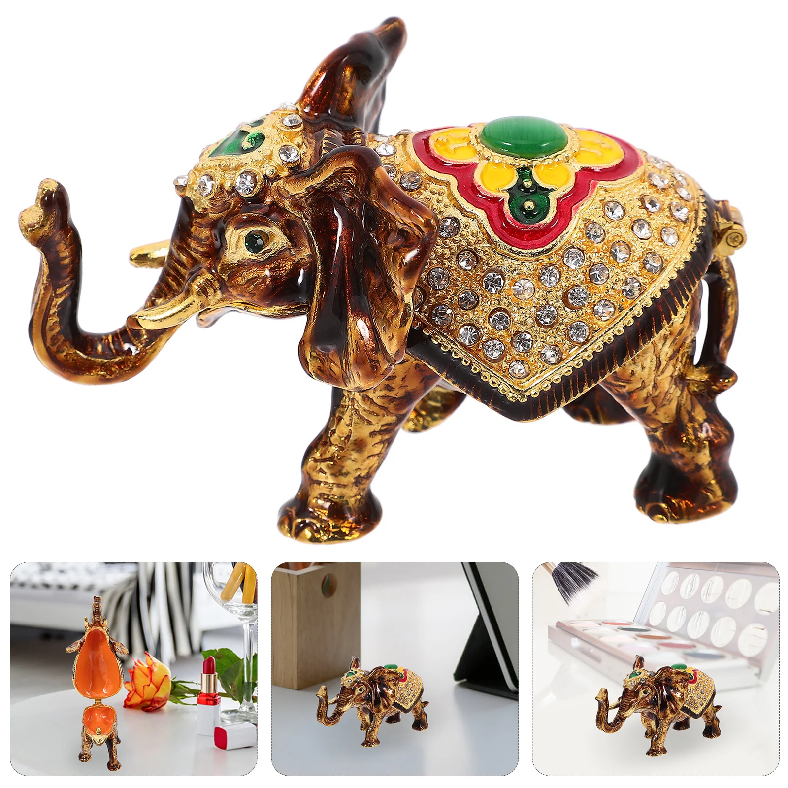 

Creative Metal Enamel Elephant Trinket Box Sparkling Rhinestones Jewelry Organizer Hinged Animal Shaped Keepsake for Dresser
