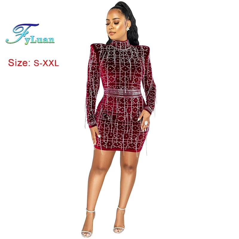 2025 Nieuwe Luxe Vrouwen Lange Mouw O Hals Korte Jurk Bodycon Casual Korte Rokken Sexy Sheer MeshGirl Jurk Cocktail Prom kleding