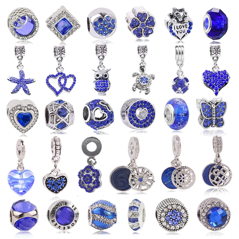 

2Pcs/lot 45 Styles Blue Shinning Star Heart Animal Charm Bead With Pendant Fit Pandor Bracelet & Necklace For Women Gift Jewelry