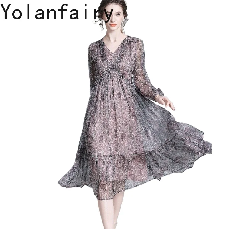 

YOLANFAIRY 100% натуральные шелковые платья из тутового шелкопряда, летние высококачественные винтажные платья с цветочным принтом, женские платья с длинными рукавами, элегантные платья