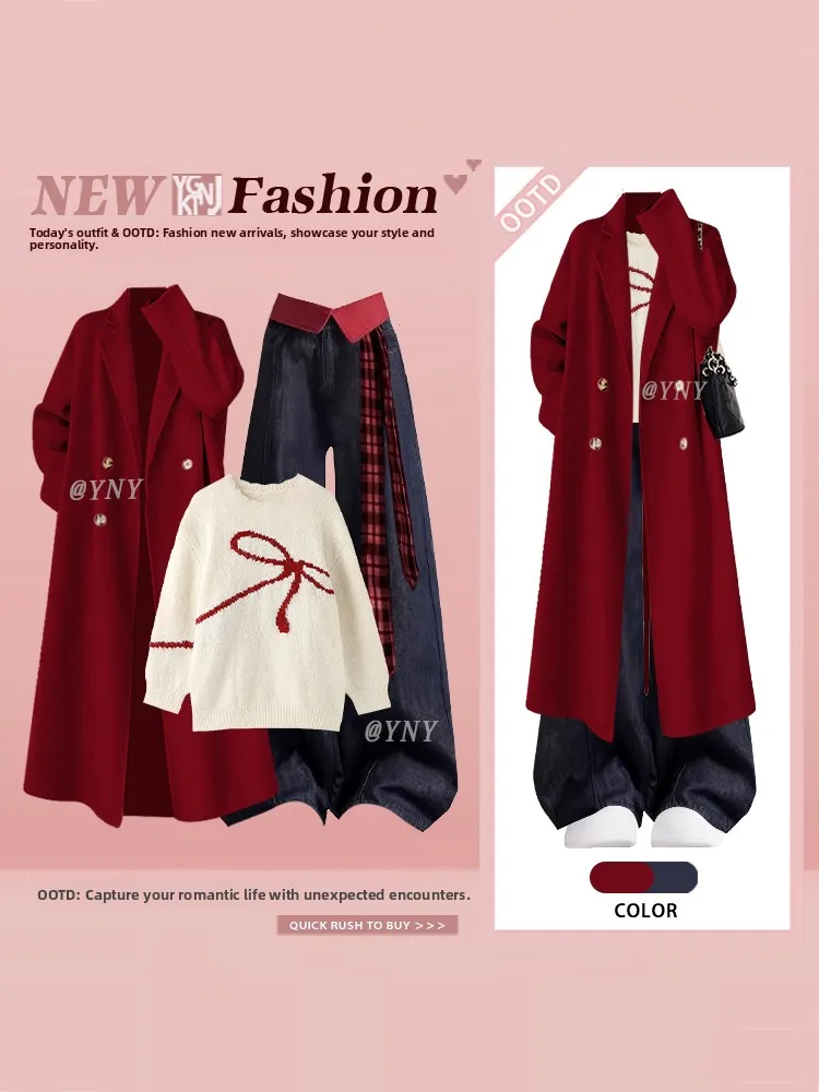 Neues Jahr Rot Kleine Fraance Sle Damen Winter High-End-Feeling geknöpfter Mantel Pullover T-Stück Set Koreanisches Sle Outfit