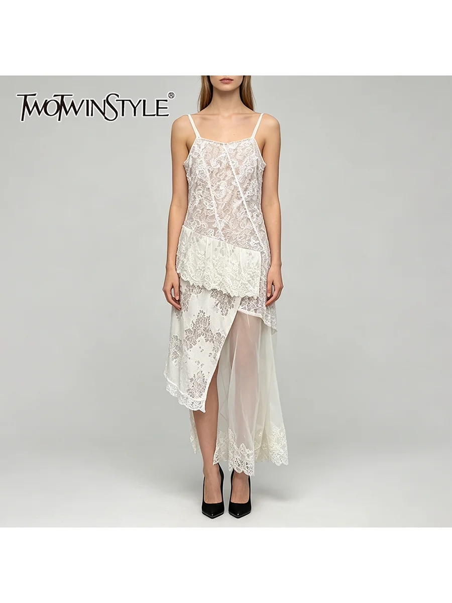 

TWOTWINSTYLE Irregular Patchwork Lace Dresses for Women Square Collar High Waist Spliced Mesh Dress Female Fashion Clothing New
