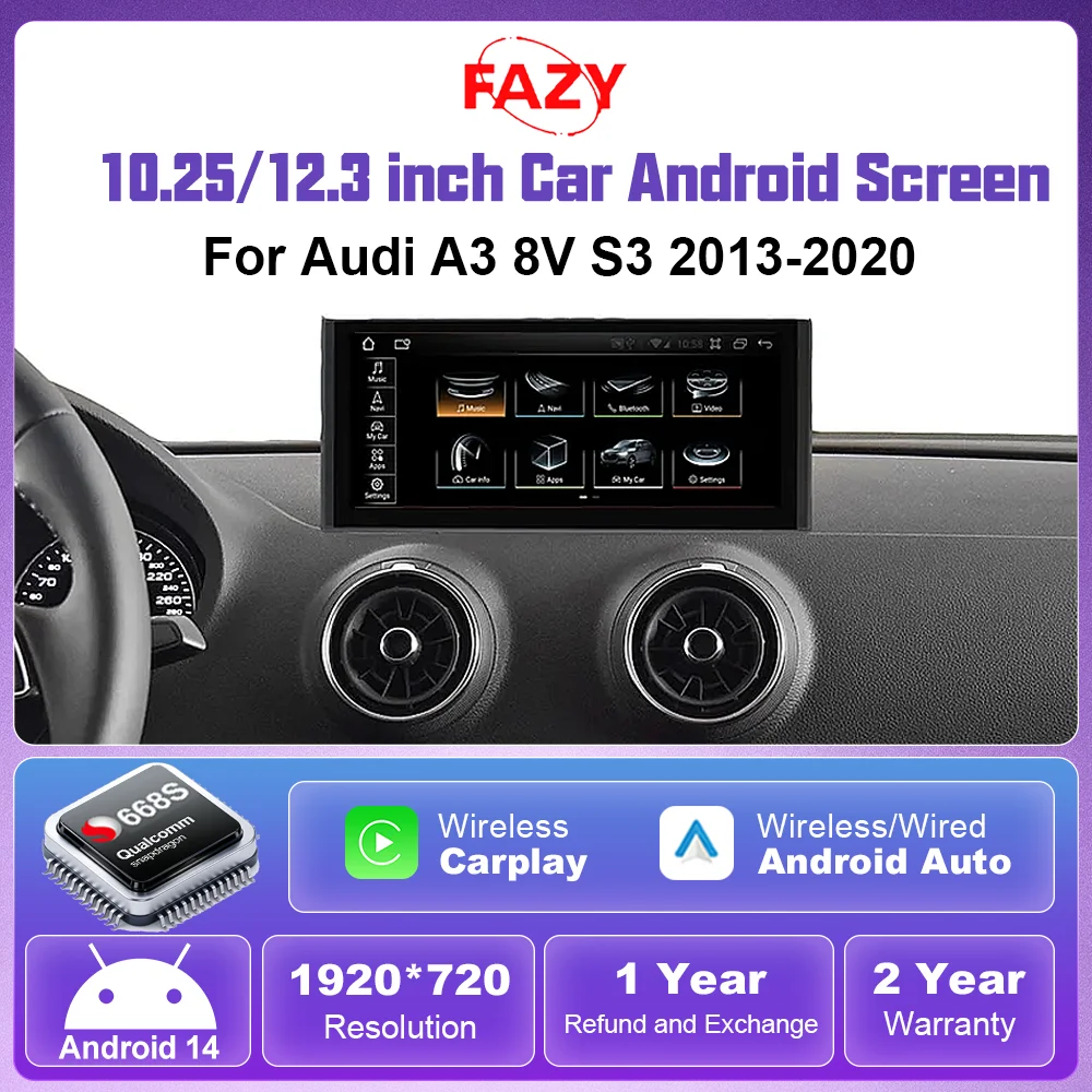 10,25/12,3 Zoll Android 14 Qualcomm 668S Multimedia-Player Kabelloses CarPlay-Display für Audi A3 8V 2013-2020 Autoradio GPS WiFi Stereo