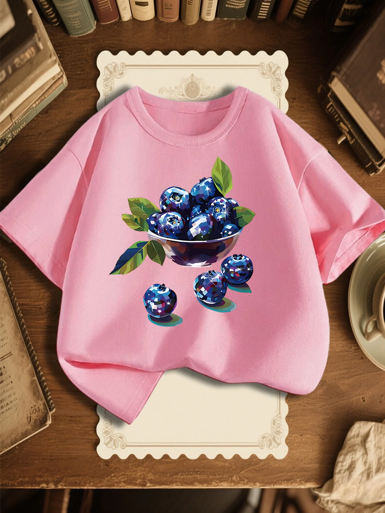 Cute Fresh Blueberry Bowl Fruit Print Graphic Kids Tee Boys Girls Family Matching Cotton Crew Neck Short Sleeve Soft Summer Tee
