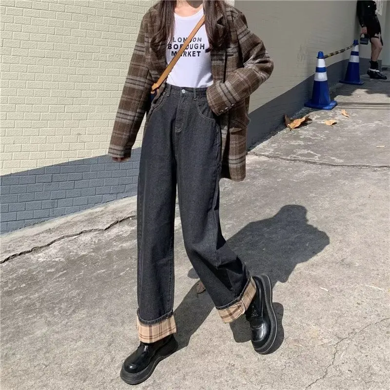 Women's Y2K High Waist Wide Leg Jeans Fleece Lined Loose Fit Slimming Flare Trousers Straight  Winter Fashion