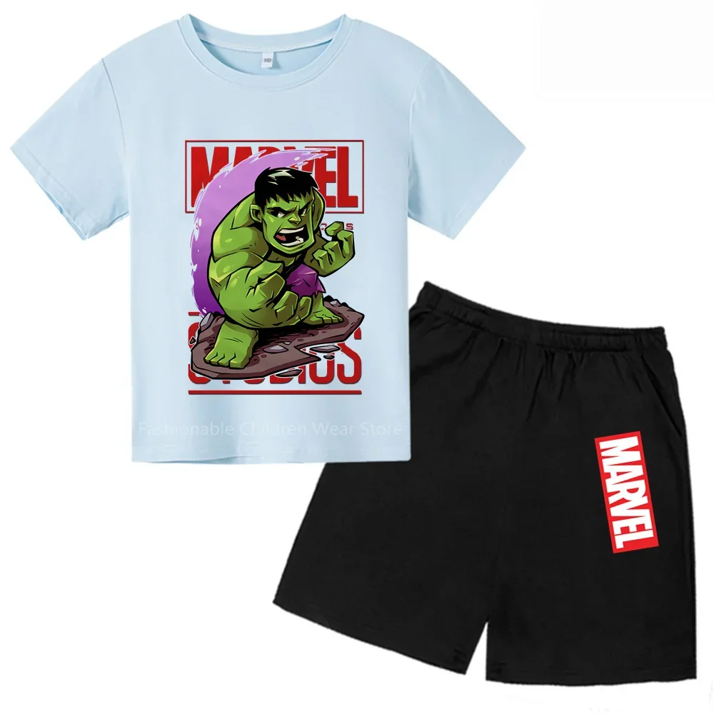 New Marvel Avengers Q-Edition Hulk Cartoon Print Kids' T-shirt + Shorts Combo - Trendy & Refreshing for Boys & Girls