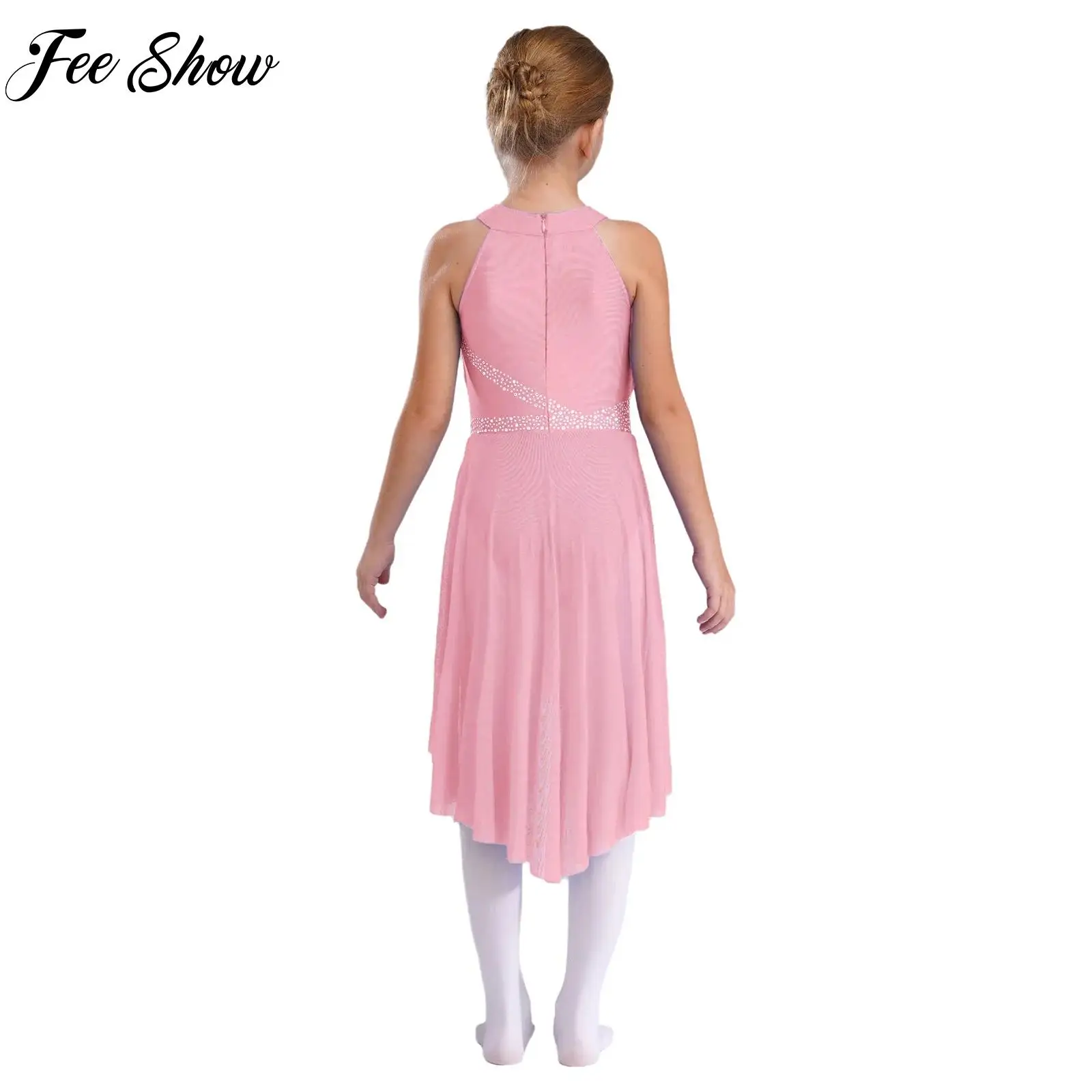 

Kids Girls Contemporary Lyrical Dance Dress Sleeveless Shiny Rhinestone Leotard Tutu Figure Skating Latin Ballet Modern Costume
