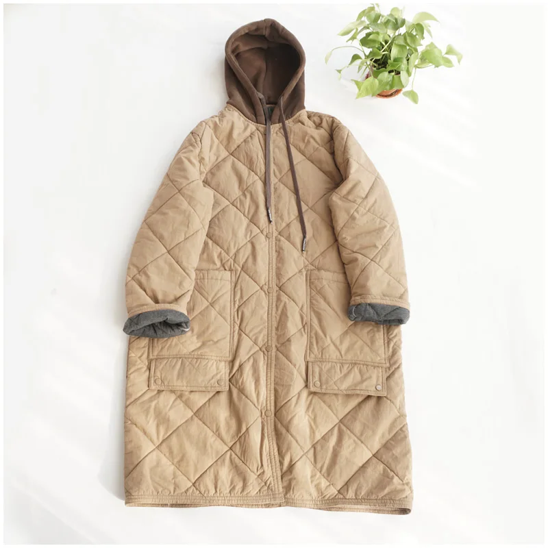 

Thiened Cotton Jaet Women's Winter Coat Mid-Length Hooded Polyester Fabric Long Sve Single Button Closure ket Detail