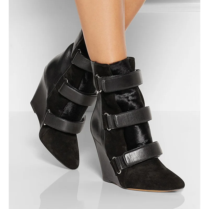 Roman Woman Horsehair Patchwork Magic Tape Wedge Ankle Boots Three Buckle Strap Women Pointed Toe Short Boots Para Mujere