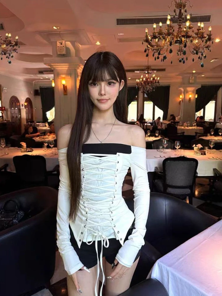 Y2k الفرنسية أنيقة المرقعة الدانتيل يصل سليم مثير كم طويل الخريف المرأة تيز 2000s الأمريكية خمر مائل الرقبة تي شيرت شيك #3