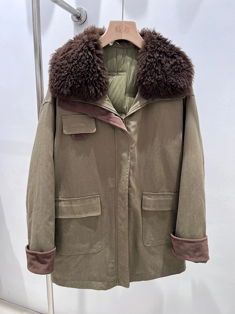 2025 Fashion New Autumn Winter Real Lamb Sheep Fur Collar Coat Women Natural Goose Down Jacket Luxury Casual Puffer Jackets