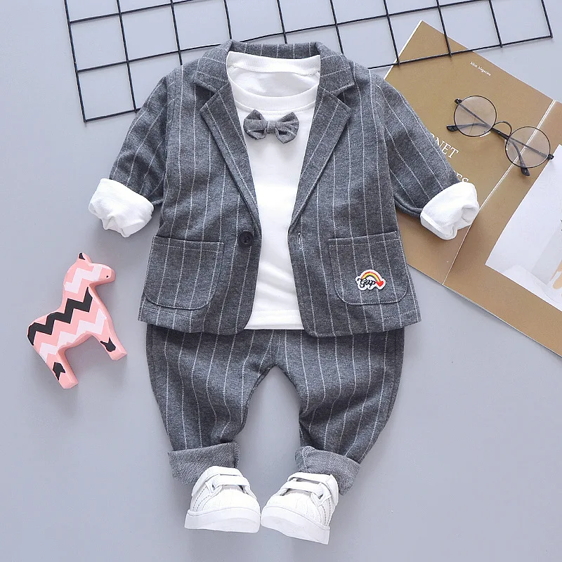 Fashion Children Gentleman Stripe Tops+Coat+Pants 3pcs Suits Baby Boys Tracksuit Party Formal Dress Up 1 2 3 4 Years