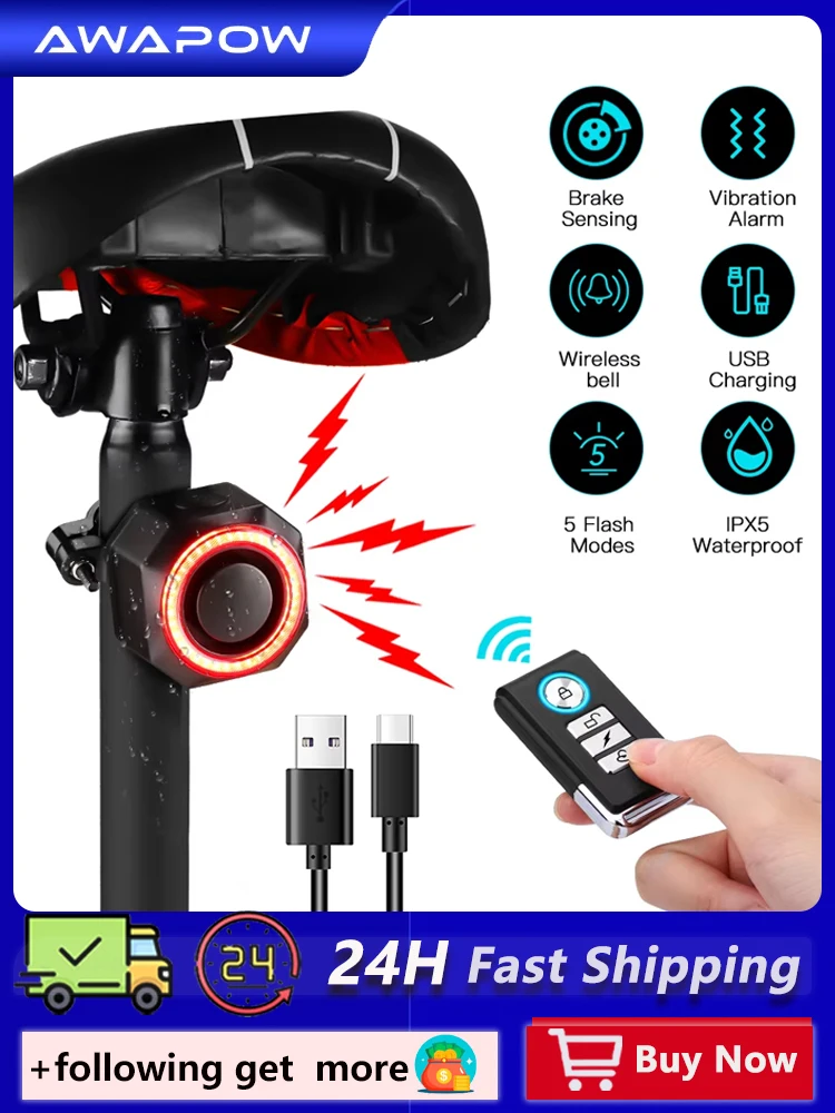 AliExpress NONE Awapow Bicycle Alarm Taillight Burglar Bike Light USB Charging Smart Auto Brake Sensing Waterproof Anti Theft Smart Bicycle Lamp