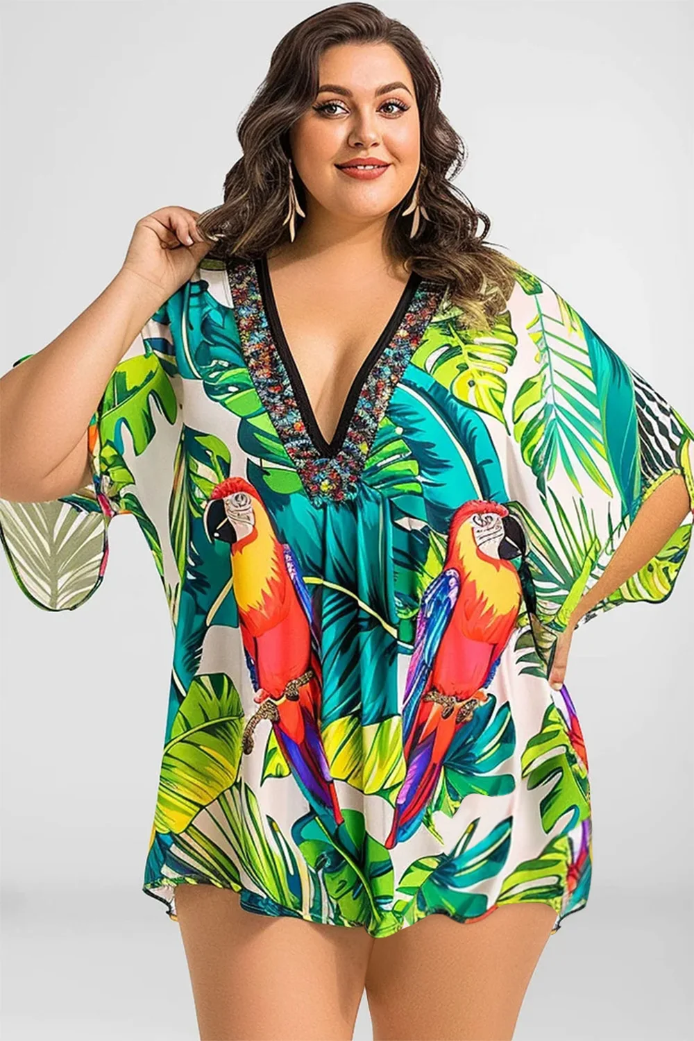 

Flycurvy Plus Size Vacation Green Tropical Plant Print Batwing Sleeve Cover Up