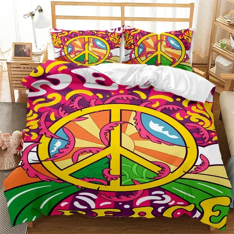 

3D Hippie Peace Symbol Colorful Pattern Chic Exotic Flower Comfortable Duvet Cover Pillowcase Bedding Set Children Home Textile