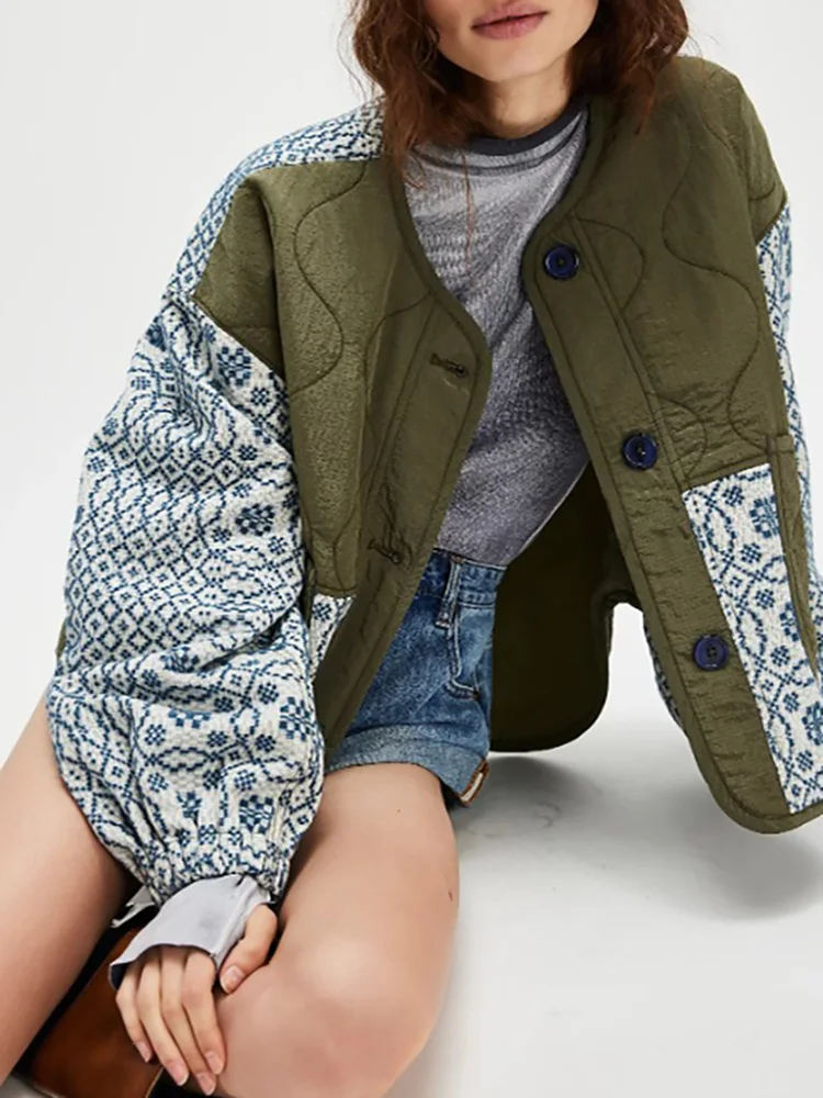 

Модная свободная куртка с длинным рукавом, женская верхняя одежда с круглым вырезом и цветочным принтом, повседневное однобортное пальто с карманами, новинка зимы