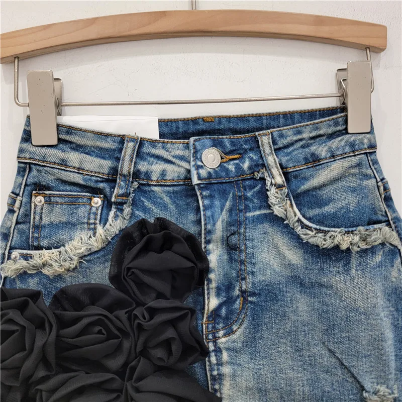 Calça Jeans de Borda crua feminina, Cintura Alta, Linha-A, Streetwear, Retro, Stretch, Europeia, Verão, Nova Moda, Calça Quente, 2022