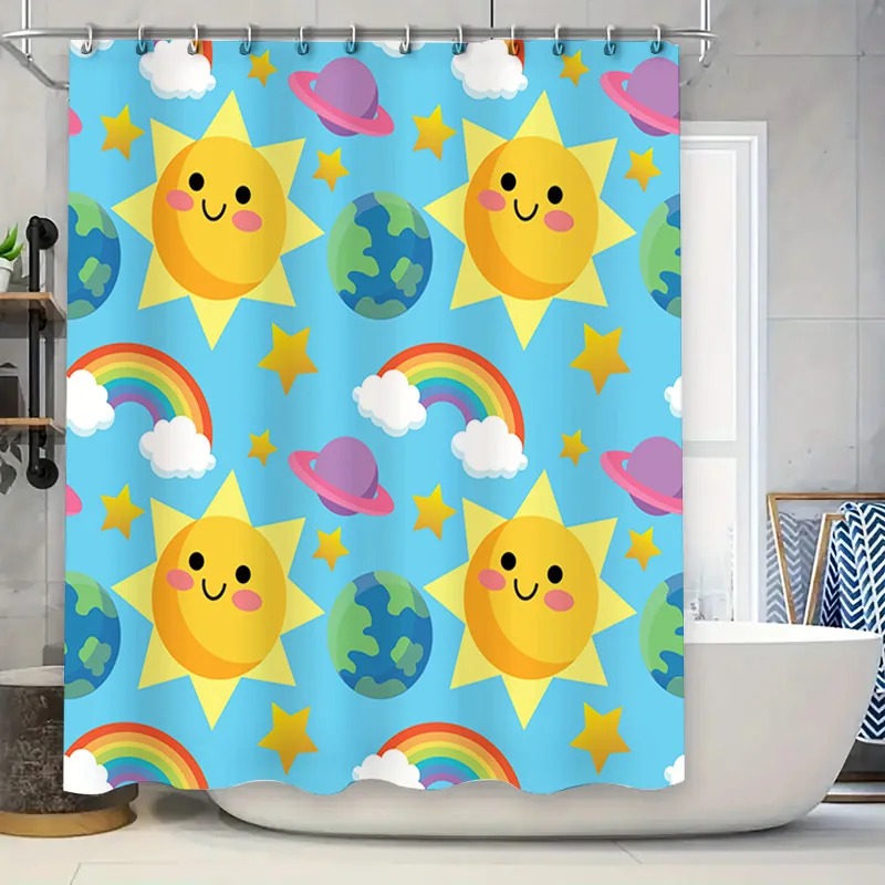 Solar System Shower Curtain with Happy Sun and Planets Blue Bath Decor