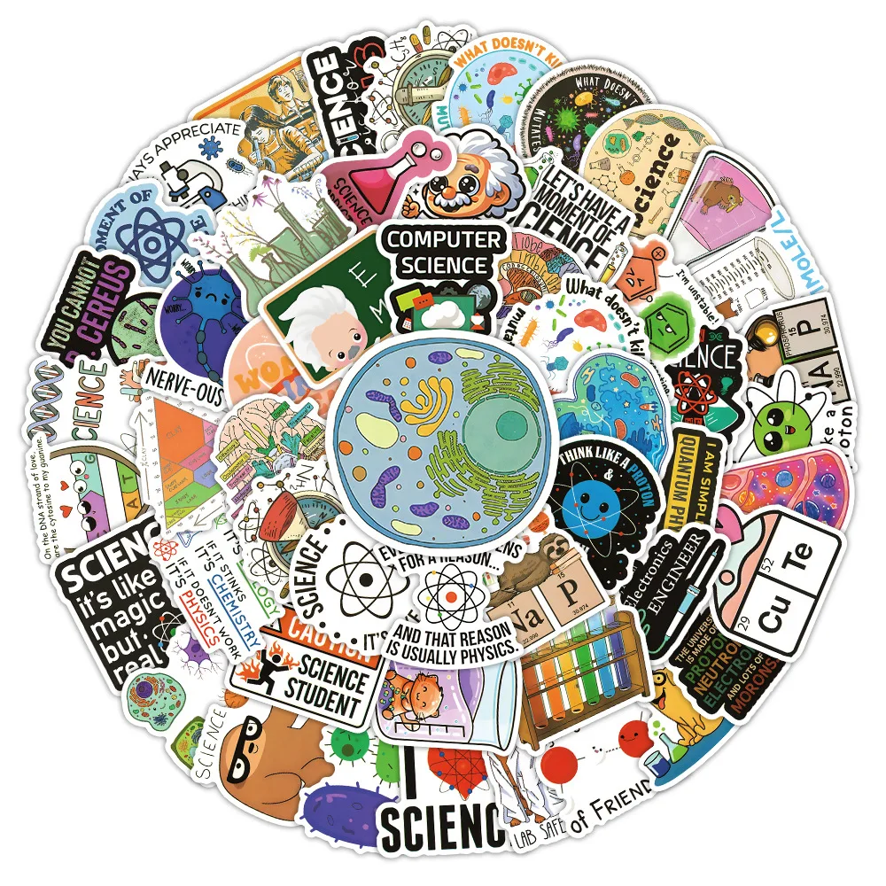 50/110 قطعة عنصر العلوم مضحك ملصقات الكرتون الكيمياء الفيزياء تجربة دراسة ملصق مائي محمول الغيتار الدراجة الكتابة على الجدران لعبة طفل #3