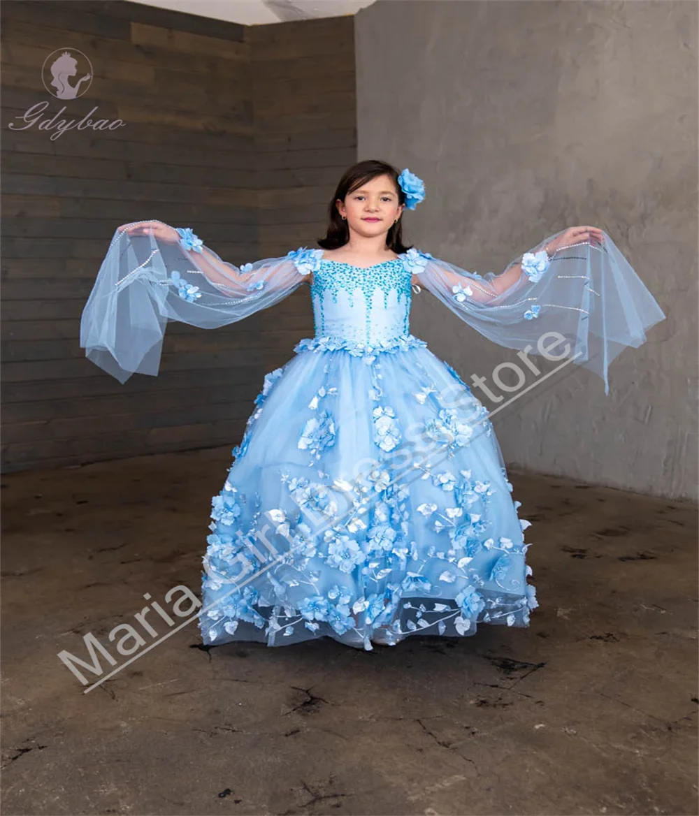 Robes de soirée de mariage bleu clair, manches d'épaule, fête d'anniversaire pour enfants, première Communion, concours de beauté, robe de soirée