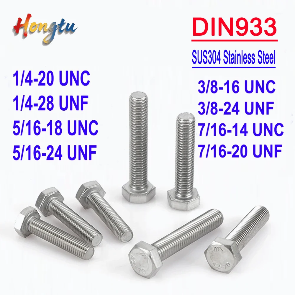 

DIN933 Full Threaded External Hex Bolts 1/4"-7/16" UNC UNF, SUS304 A2 Stainless Steel Hexagon Head Screws