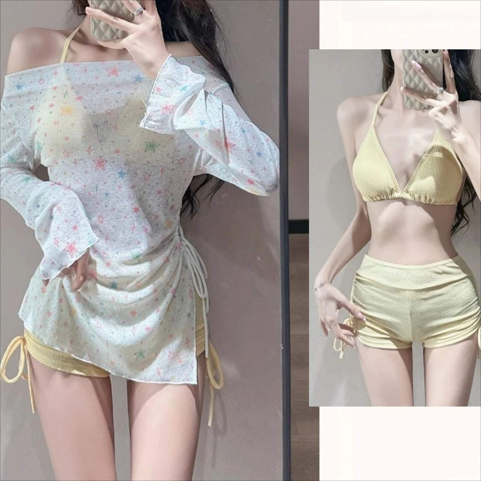 

Sweet Star Print Long-sleeved Swimsuit Cover-up Ins Style Women's Bikini Sling Triangle Three-piece Swimsuit Yellow Beachwear