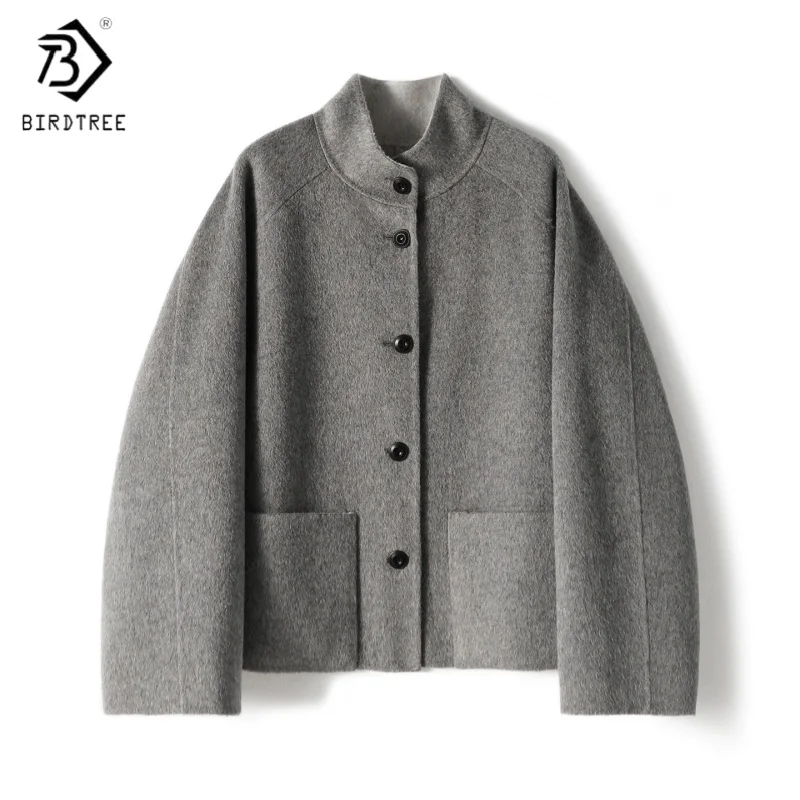 Birdtree,100% Sheep Wool Coat,Woman Stand Collar Warmth Jacket,Double-side Woolen,2025 Autumn Winter Short Overcoat T5N912JF
