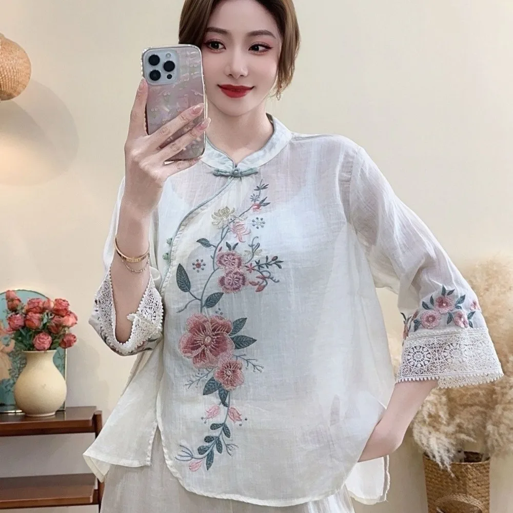 

Thin Y2k Top Harajuku Vintage Shirts for Women Clothing Ethnic Style Embroidery Cotton Linen Streetwear Fashion Clothes Tees