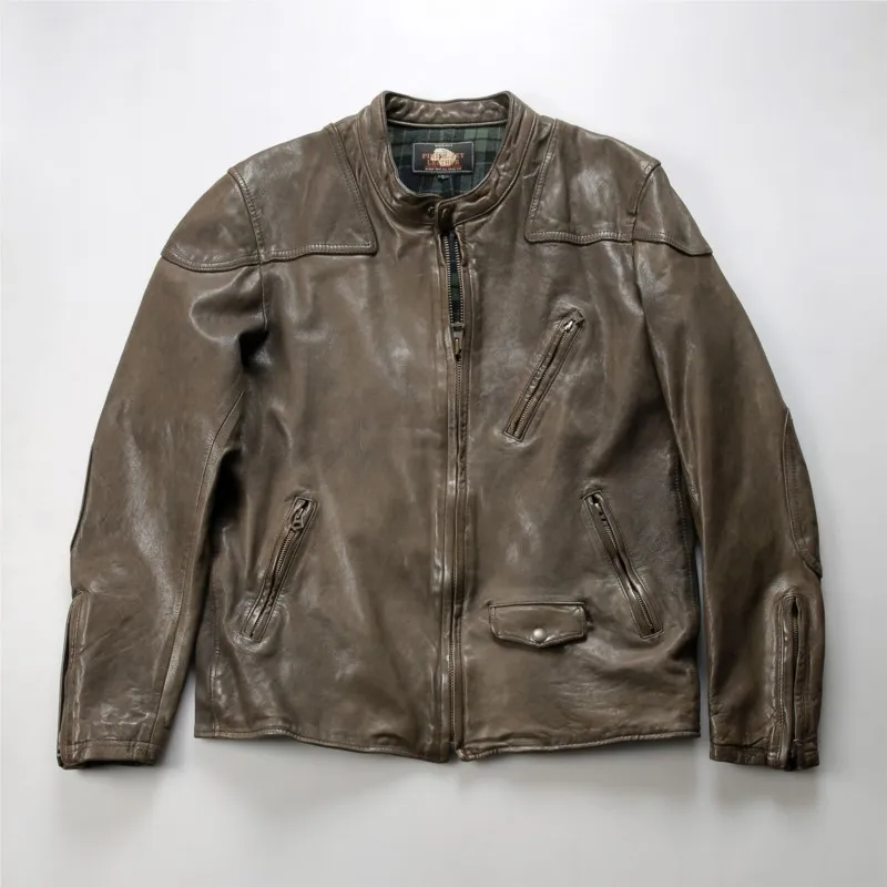 Heavy-washed pleated all-vegetable-tanned leather motorcycle stand-up collar men's