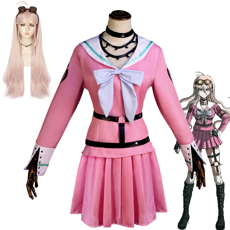 Anime Game recruté anronpa V3 ata u Iruma Cosplay Costume pour filles, perruque rose, robe de marin, jupe trempée, lunettes, ensemble complet, tenues d'Halloween