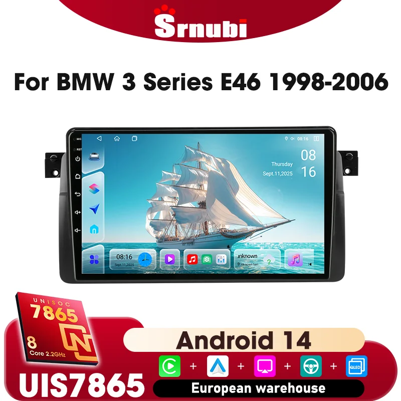 Autoradio 9 pouces pour BMW série 3 E46 1998-2006, écran QLED UIS7865 8 cœurs, lecteur multimédia pour voiture, prise en charge de l'audio DSP, Bluetooth 5.4, navigation GPS, Carplay sans fil, Android Auto, commande au volant