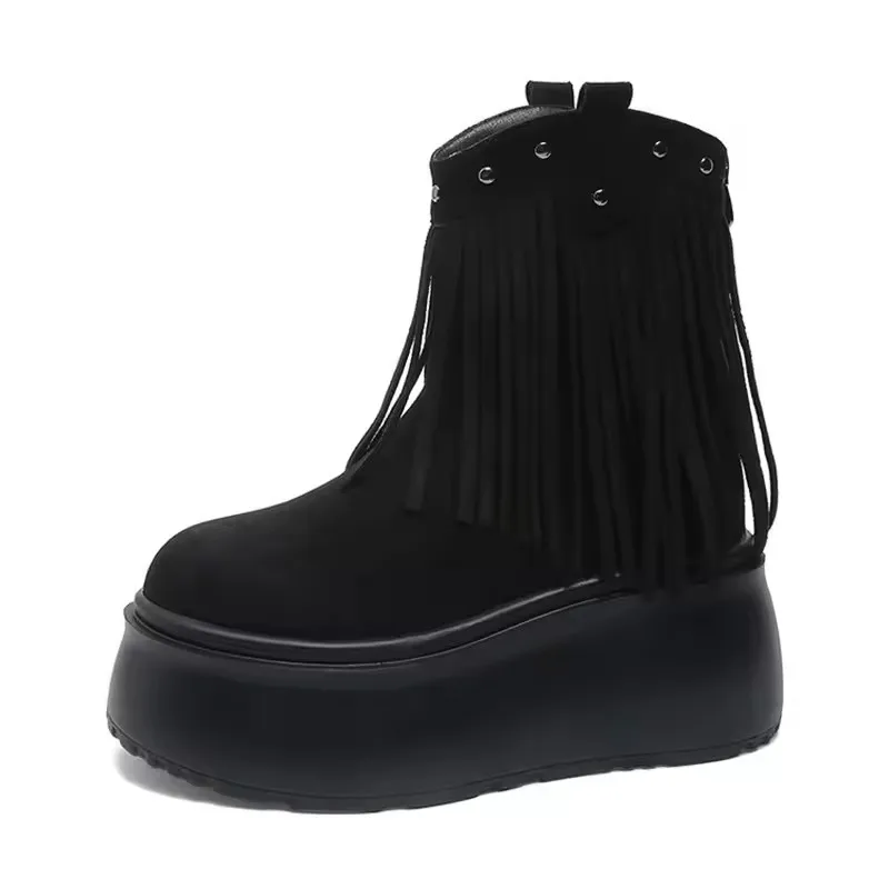 

8CM Women Tassels High Heels Thick Platform Mid-Calf Boots Leather Chunky Shoes Woman Autumn Winter Motorcycle Boots Botas Mujer