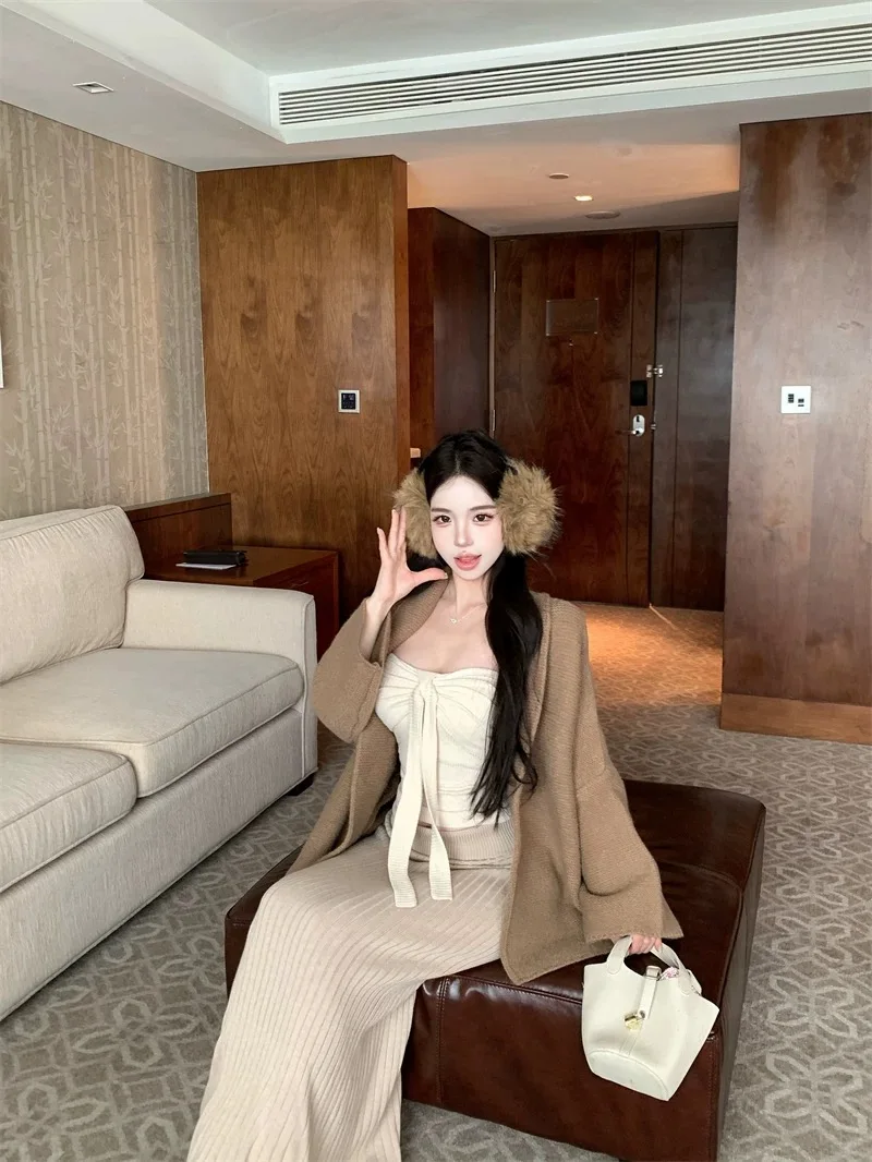 

Laid-ba Sle Open Cardigan Tube Top High Waist Skirt Tee-piece Set Autumn Winter New Arrival Women's Faion Set