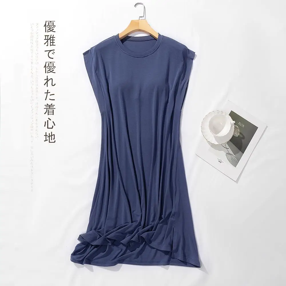 Modal Chest Cushion Pajama Dress Women's Mid Length 2023 New Summer Sleeveless Thin Loose Large Size Home Furnishing Solid Color