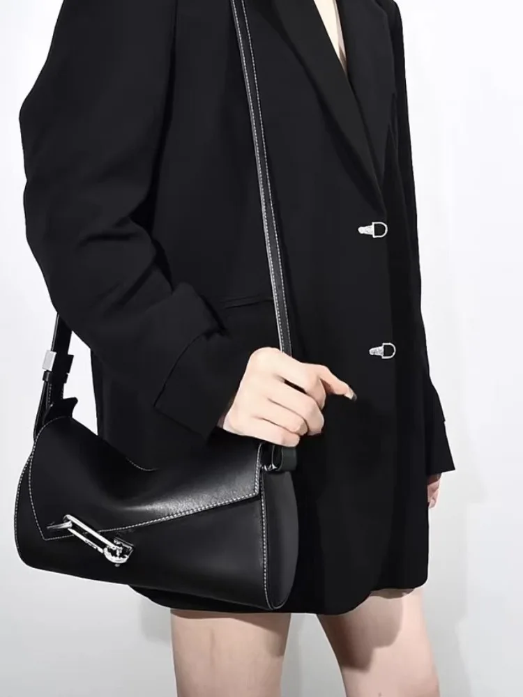 Fashion bag medium soft box bag Black high-end leather niche single shoulder crossbody underarm kite bag