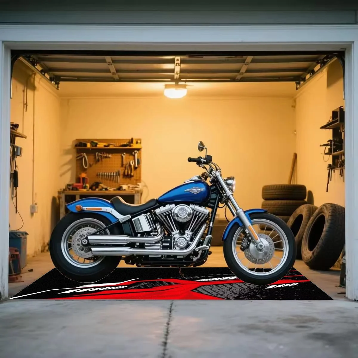VIKAMA Red Black Racing Graphic Motorcycle Pit Mat Anti Slip Parking Rug For Garage Workshop Floor Decor Carpet