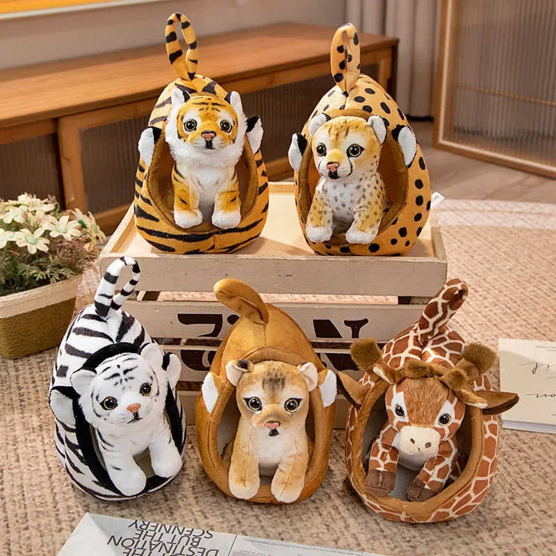 

New Arrival Cute 18cm Simulation Baby Tiger Giraffe Leopard Dog Soft Animal With Nest Doll For Birthday Gifts