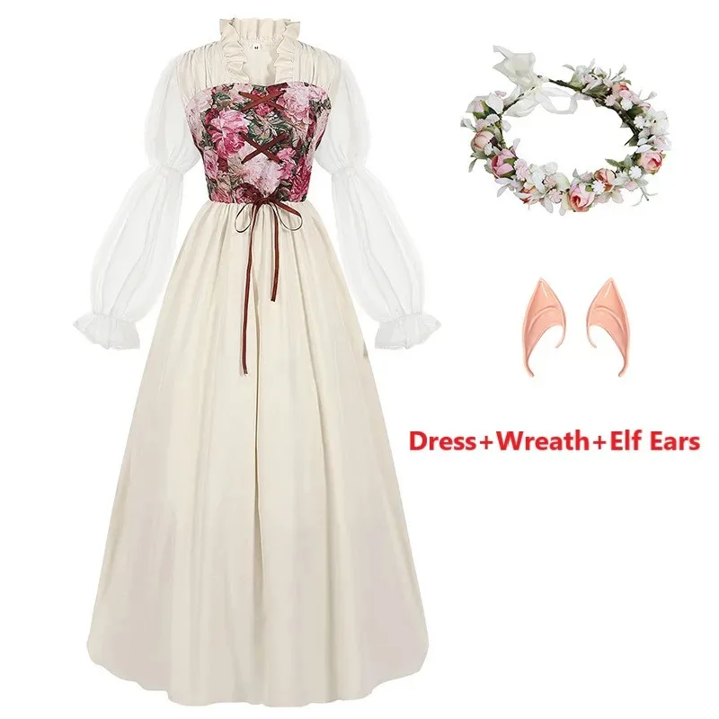 

Halloween Cosplay Victorian Palace Medieval Vintage Floral Fairy Elf Costume for Women Princess Bandage Party Dress