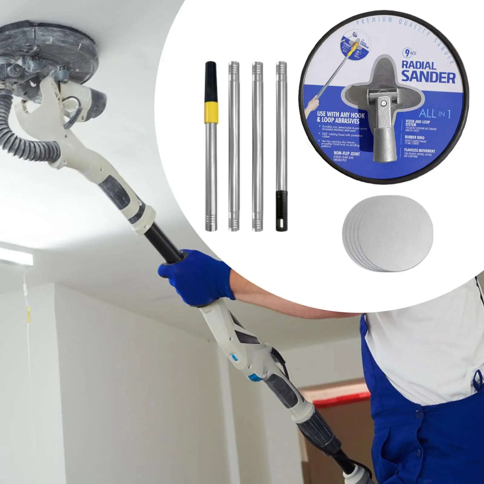 Manual Drywall Pole Sander 360 Degree Rotary Round Sanding Disc with 5 Sheets for Home Renovation Walls