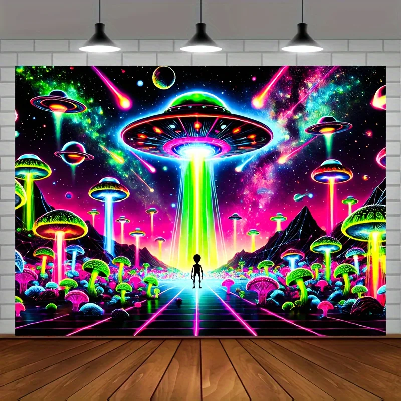 Galactic Encounter Tapestry - Vibrant UFO and Mushroom Forest Design for a High-Elegance, Futuristic Ambiance, Perfect