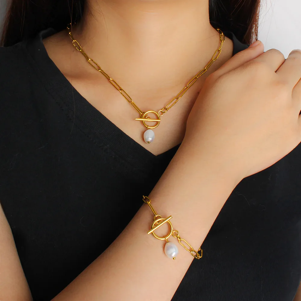 DIY accessories Light luxury elegant retro pearl pendant necklace stainless steel OT buckle design sense clavicle chain bracelet