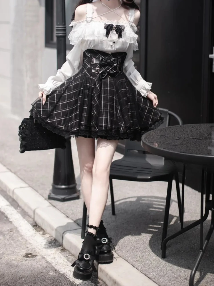 

Sweet Kawaii Punk Japanese Harajuku Plaid 2 Piece Set Off Shoulder Lace Bow High Waist Mini Skirt Women Girls Daily Party Wear