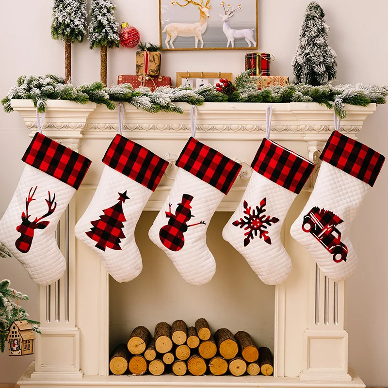 

Christmas Stocking Decoration White Red And Black Checkered Border Gift Bag Reindeer Car Snowman Xmas Tree Snowflake Home Decor